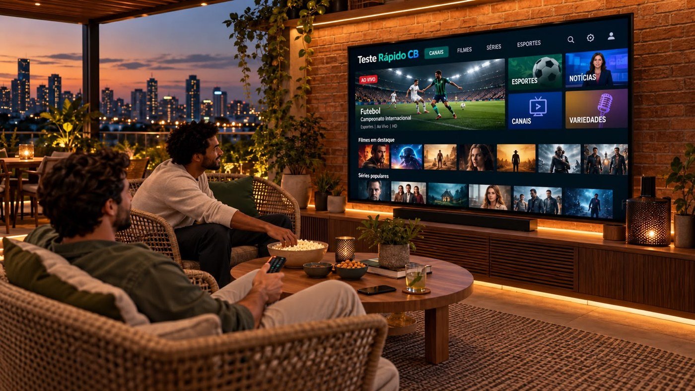 Amigos assistindo futebol ao vivo na Smart TV com a interface da Teste Rápido CB